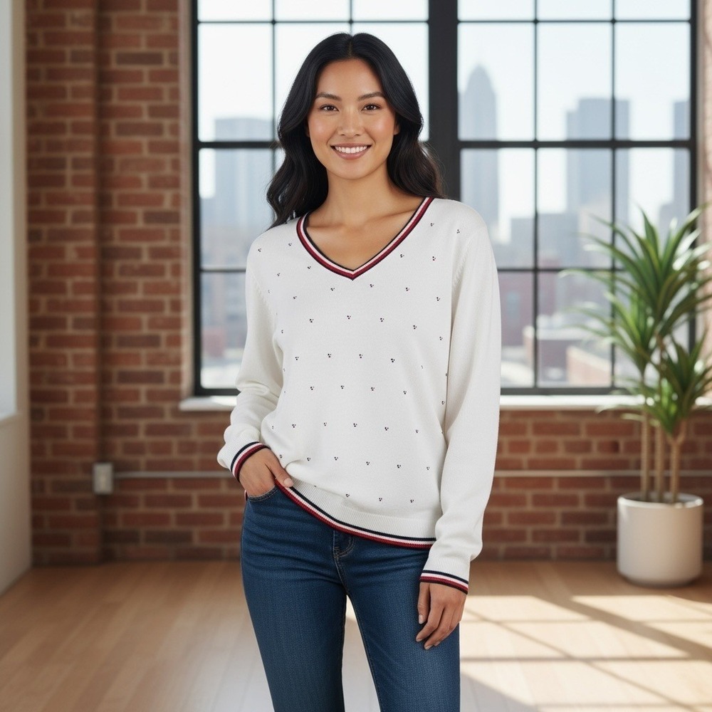 Tommy Hilfiger Womens Sz M Knit V-neck Pullover Sweater Long Sleeve White